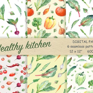 Paquet de papier numérique végétal. légumes à l'aquarelle, motif transparent, papier de scrapbooking. Modèle sans couture végétarien, modèle d'alimentation saine.
