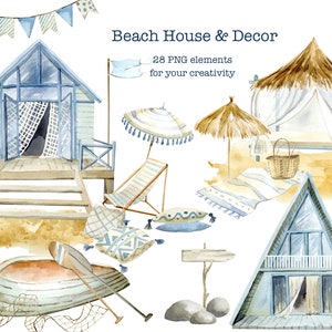 Aquarell Sommer Meer Clipart. Nautischer Strand. Küsten Haus. Strandhütte, Boho Strand Holzhaus, Sea Decor, Regenschirm,Bungalow,Boot.