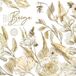 Clipart floral bege neutro aquarela. Flores de jardinagem neutras em creme. Boho Wedding Floral PNG, flores do prado para convite de casamento
