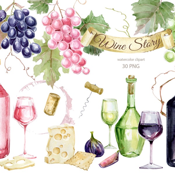 Watercolor Wine Clipart. Bottle and glass with wine. Pink, purple and green grapes. Celebration clipart, Cheese & Wine Clipart, Rose Wine