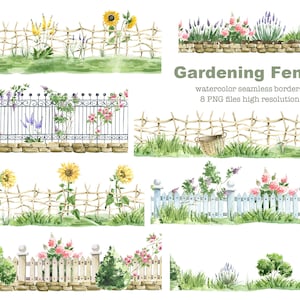 Clipart de jardín en acuarela. Cerca de madera para jardinería. Borde digital sin costuras, flores y decoración, cerca de mimbre, clipart rústico de verano en acuarela.