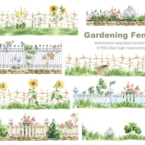 Watercolor garden clipart. Gardening wooden fence. digital seamless border, flower and decor, wattle fence, watercolor Rustic Summer clipart