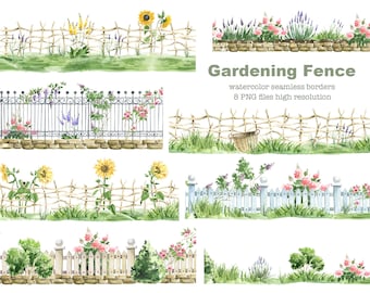 Watercolor garden clipart. Gardening wooden fence. digital seamless border, flower and decor, wattle fence, watercolor Rustic Summer clipart