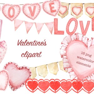 Clipart Saint-Valentin à l'aquarelle, guirlande de coeurs rouges, bannière d'amour à l'aquarelle, cliparts coeur rose. Illustrations mariage saint valentin cliparts