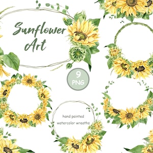 Sunflower wreath. Sunflower summer PNG clipart. Watercolor Yellow wreaths. Sunflower rustic wedding arrangement. Floral planner clipart