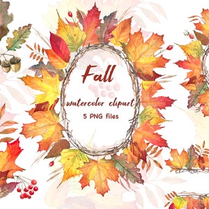 Clipart couronne d'automne. Couronne d'automne aquarelle. Couronne de feuillage et bordure. Décoration imprimable DIY. Feuilles et glands, cadre d'invitation de mariage