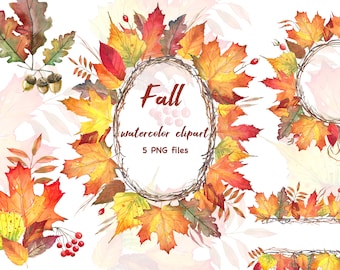 Op de afbeelding: Waterverf clipart van herfstbladeren in tinten rood, oranje en geel. De bladeren zijn gerangschikt in een kransvorm met een bruine takbasis. De tekst "Fall watercolor clipart 5 PNG files" staat in het midden van de krans.