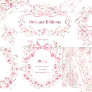 Puede incluir: Conjunto de imágenes prediseñadas digitales con delicados arreglos florales rosas con cintas y lazos. Incluye marcos, bordes, ramos y patrones sin costuras. El texto "Delicate Ribbons" y "20 png" son visibles.