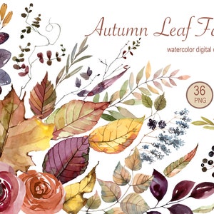 Feuilles d'automne à l'aquarelle, clipart, clipart rouillé d'automne, feuilles d'automne, décoration de remerciements, feuilles de mariage d'automne, forêt