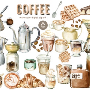 Op de afbeelding: Waterverf illustraties van koffie-gerelateerde items, waaronder koffiebonen, een koffiepot, een French press, een koffiekopje, een mok, een glas ijskoffie, een croissant en een wafel. De tekst "COFFEE watercolor digital clipart 36 files" is ook in de afbeelding opgenomen.