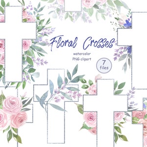 Aquarell Ostern Kreuz Clipart. florales Kreuz. Rosa Blütenkreuz. Heiliger Geist. Taufe Erstkommunion. Hochzeit lädt ein. Rosa Rose