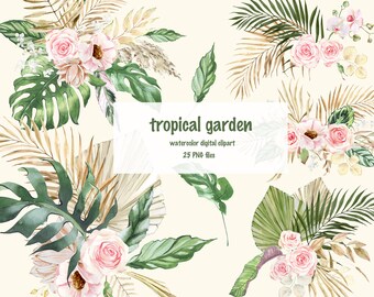 Tropical Watercolor Floral Clipart, Dried Palm leaves, Monstera palm leaves, Bohemian Floral Bouquets, Tropical Wedding Clipart, Summer PNG