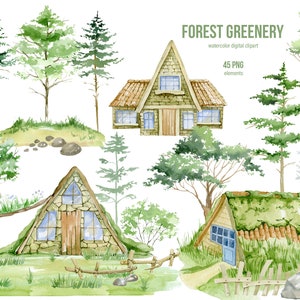 Clipart forêt aquarelle, pins boisés, cabane dans le bois, maison forestière, éléments floraux de forêt à feuilles persistantes, maison forestière, vie de campeur