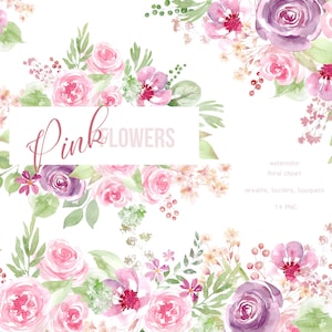 Watercolor Dusty Rose Spring flowers, Watercolor Floral Clipart Bouquets, Elements, Wildflower Green Leaves, Pink Spring Floral PNG