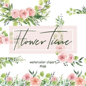 Pink roses frame Watercolor floral frame clipart. Watercolor floral border Wedding frame clipart Greenery frame,  Pink flower digital frame