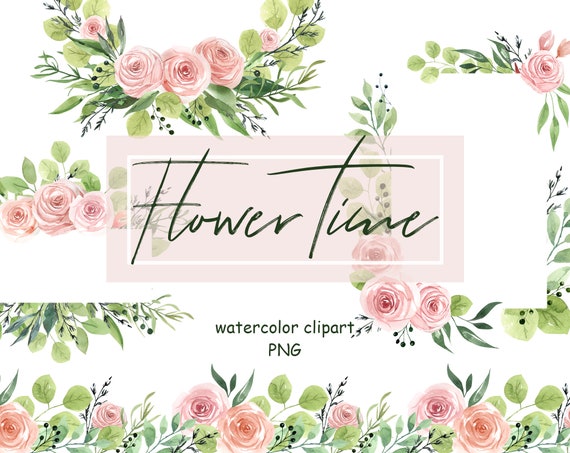 Pink roses frame Watercolor floral frame clipart. Watercolor floral border Wedding frame clipart Greenery frame,  Pink flower digital frame