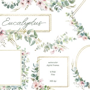 Aquarell Eukalyptus Rahmen, grüne Blätter und rosa Blumen, Clipart, Hochzeit Greenery Clipart, geometrische Rahmen