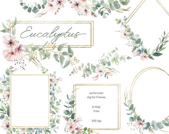 Watercolor eucalyptus frame, green leaves and pink flowers, clipart, wedding greenery clipart, geometric frames
