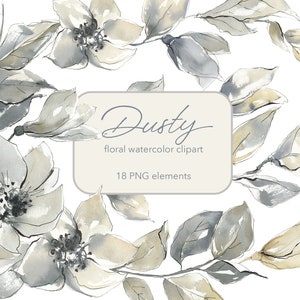 Staubgrau und Goldblumen. Aquarell Blumen Clipart. Hochzeit digitale PNG Dekor. Graue Blätter, Blumen für die Einladung. Druckbare Elemente