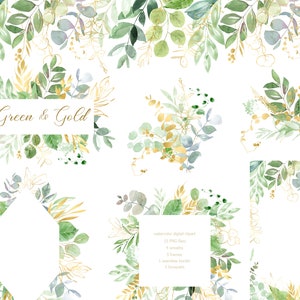 Clipart de folhagem verde e dourada em aquarela, molduras de vegetação, buquês, guirlanda, folhas verdes digitais PNG, clipart de ouro e vegetação de casamento