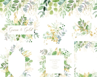 Watercolor Green and Gold Foliage Clipart, Greenery frames, bouquets, wreath, digital greenery leaves PNG, Wedding Gold and Greenery Clipart