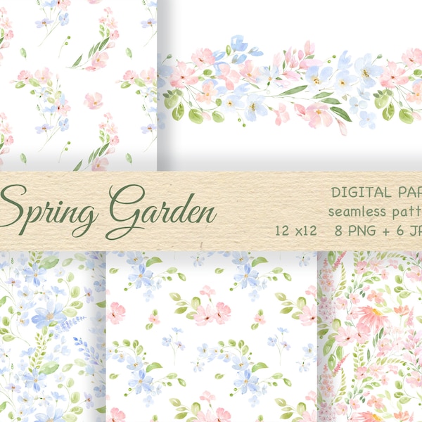 Watercolor Floral Seamless Pattern, Meadow Flowers Paper set, Spring floral patterns, Wildflower digital paper, Floral seamless texture PNG