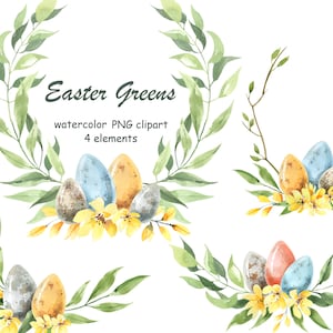 Watercolor easter clipart, easter eggs, greenery wreath, spring floral clipart, easter wreath, bouquet, frame, easter print, invitations