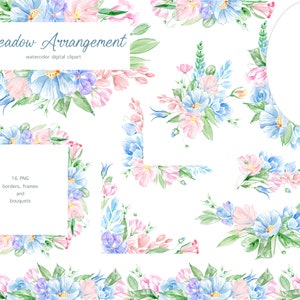 Clipart de casamento rosa e azul aquarela, molduras florais de verão logotipo do cartão de convite de casamento, buquês. Clipart Floral Prado, Chá De Bebê PNG