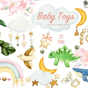 Clipart de chá de bebê em aquarela, clipart de berçário boho, brinquedos infantis fofos, chá de bebê menino e menina, crianças recém-nascidas PNG, bebê de gênero neutro