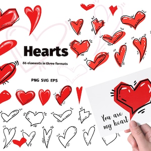 Dia dos Namorados Coração linear vermelho e preto, Dia dos Namorados Svg, Png, Eps, clipart vetorial em forma de coração, Coração desenhado à mão,