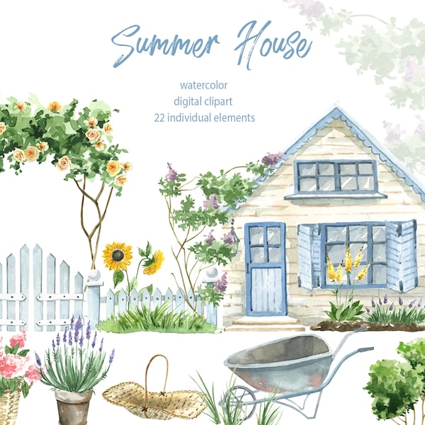 Aquarell Holzhaus Clipart. Sommer Country House.Vintage Style Garten Clipart.Bauernhaus Cottage, Garten Pflanzen.Greenery Clipart