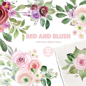 Clipart de rosas em aquarela cor de vinho e rosa. Clipart Floral Digital PNG, Flores Vermelhas e Rosadas, Buquês de Rosas PNG, Borgonha Pêssego Rosa Verde