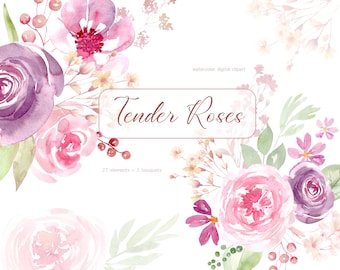 Watercolor Pink Roses Clipart, Dusty Rose PNG, Pink Wedding Clipart, Rose png, Watercolor Flowers Clipart, Blush Floral Watercolor Clipart