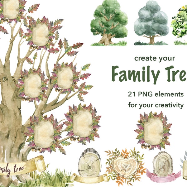 Watercolor family tree clipart. Family tree creator. For Family Tree Chart. Watercolor trees clipart. family history. Generations Template