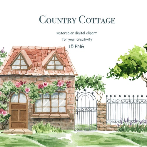 Watercolor House Clipart Countryside Landscape Cottage Etsy