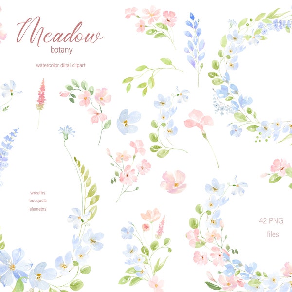 Watercolor Meadow floral clipart, Pink and Blue Floral Clipart, Spring Tiny flowers, Spring field summer wildflower, Elegant Wedding PNG