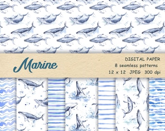 Ocean Life digitale plakboekpapierset. Aquarel nautische naadloze patroonbestand. Oceaan plakboekpapier achtergrond. walvissen clipart,