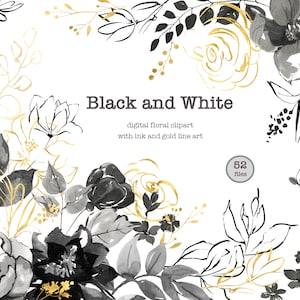 Schwarzweiße Blumen Clipart, Goldene Blumen Clipart, Aquarell druckbare Blume, Goldfolie floral Linie Kunst Clipart, Hochzeit Clipart
