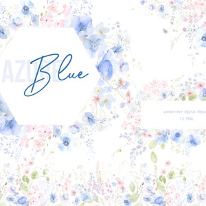 Clipart floral azul aquarela, clipart minimalista de convite de casamento, bordas de flores silvestres de outono, clipart floral aquarela, buquês, molduras