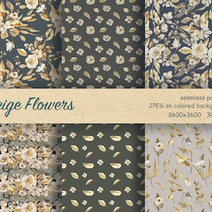 Neutral Beige Boho Floral Seamless Pattern. Boho Botanical Design Digital Paper. Scrapbook Papers. Watercolor Seamless Paper Set.