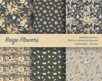 Neutral Beige Boho Floral Seamless Pattern. Boho Botanical Design Digital Paper. Scrapbook Papers. Watercolor Seamless Paper Set.