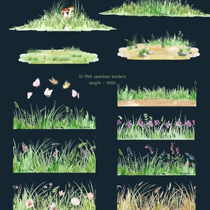 Nature clipart, wild grass clipart, grass borders seamless clipart, wild herb and meadow flowers, butterflies clipart image 3