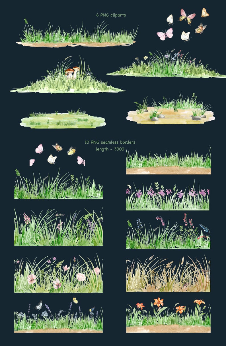 Nature clipart, wild grass clipart, grass borders seamless clipart, wild herb and meadow flowers, butterflies clipart image 3