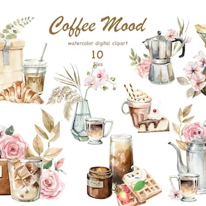 Clipart de bebidas de café em aquarela, clipart para menu de café, decoração de cozinha, clipart de elementos florais e de café, xícara de café, clipart para impressão