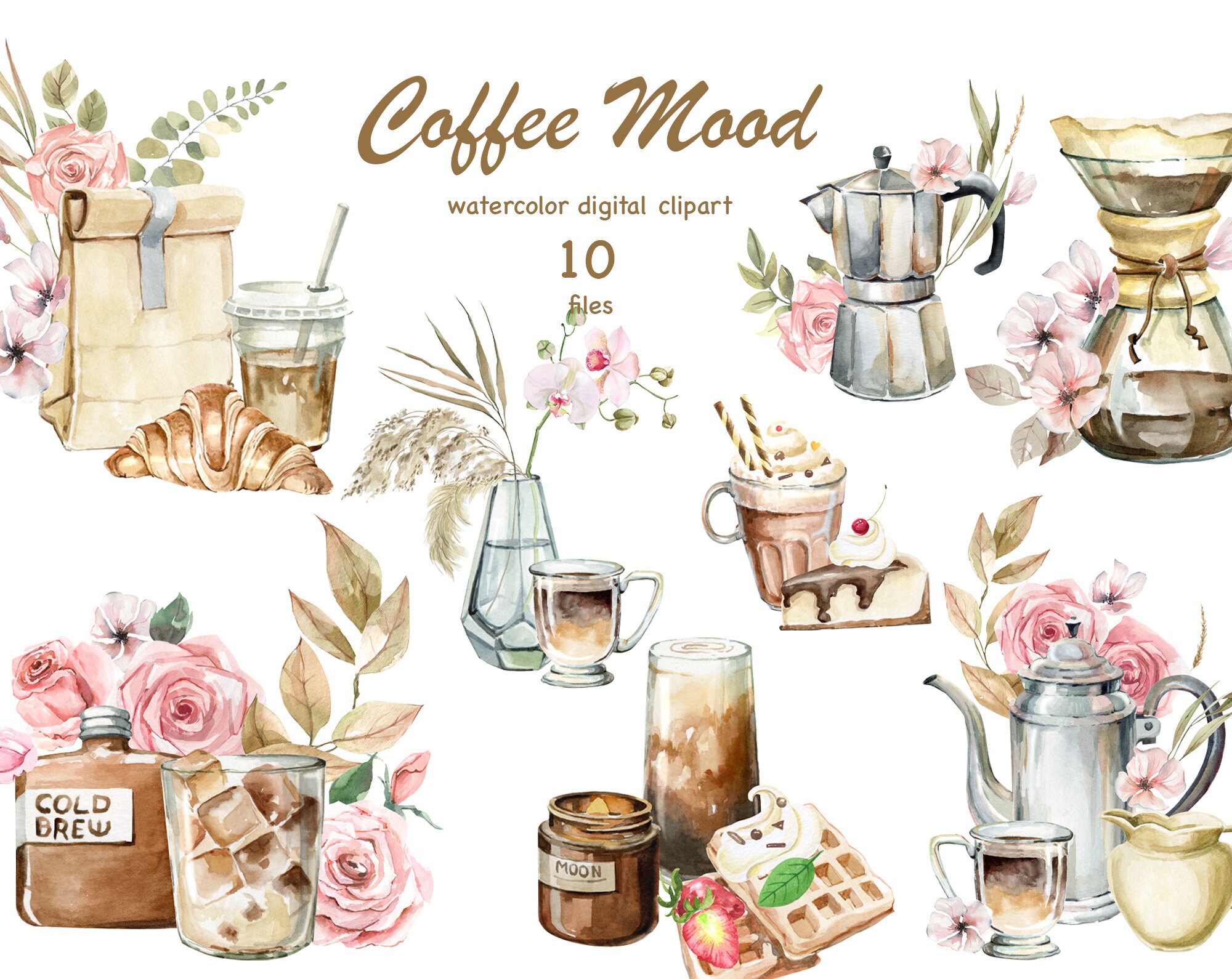 Watercolor Coffee Drinks Clipart, Clip Art for Cafe Menu, Kitchen Decor ...