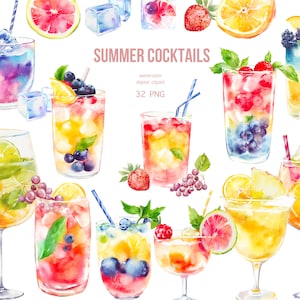 Aquarelle Cocktails Clipart, été cocktail PNG, Party Cocktail Illustrations, fruits boissons art, boissons alcoolisées, Bar Menu clipart,