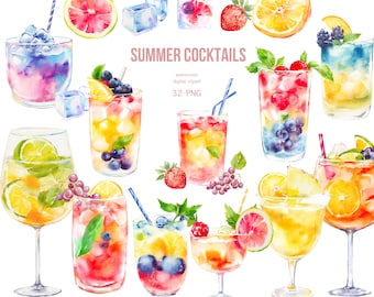 Aquarell Cocktails Clipart, Sommer Cocktail PNG, Party Cocktail Illustrationen, Obst Getränke Kunst, alkoholische Getränke, Bar Menü Clipart,