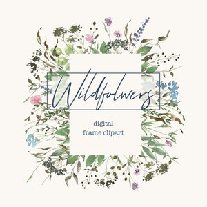 Watercolor wildflowers frame, flower clipart, botanical floral frame, summer meadow herbs, watercolor floral border for wedding invite