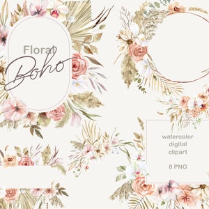 Ghirlande e cornici di fiori Boho dell'acquerello. Clipart floreali e Pampass. Boho Mazzi floreali secchi. Erba selvatica. Clipart di fiori di orchidea