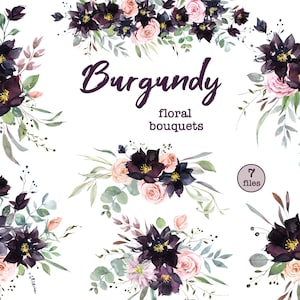 Bouquets de fleurs bordeaux, clipart floral, clipart bohème bordeaux, bouquets roses et bordeaux aquarelle. Clipart mariage. Guirlande florale.